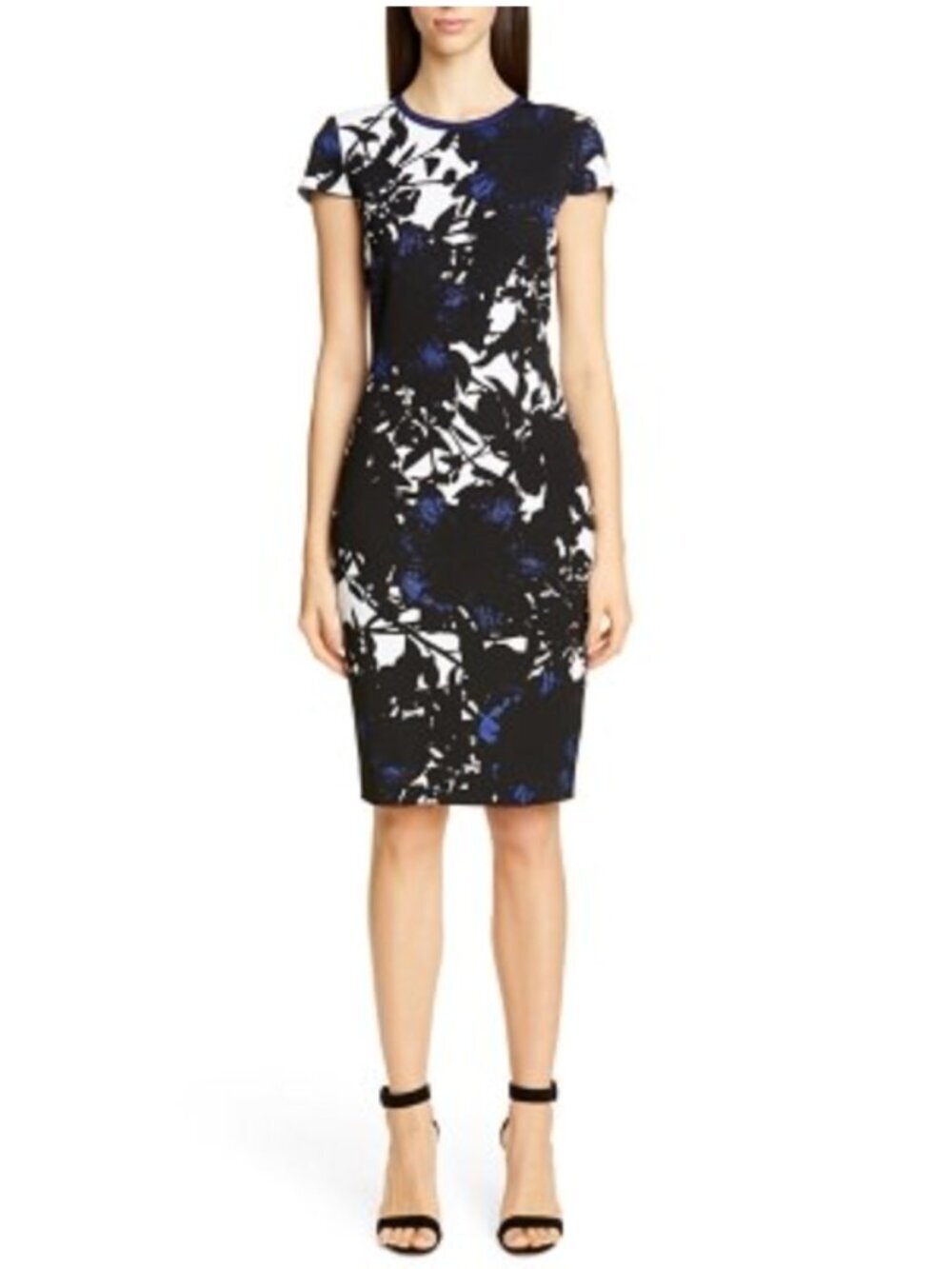 St. John Graphic Floral Jacquard Knit Dress Black Blue White Size 4